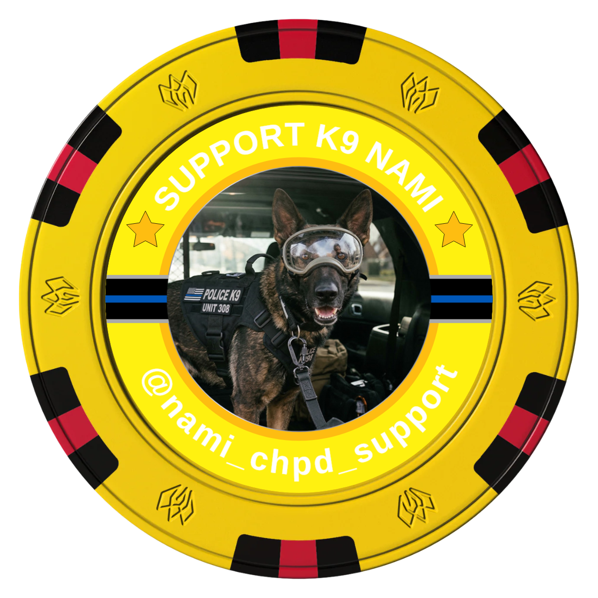 Police Department K9 #02 Clay Poker Chips - Yellow / 6 Spot Gem / 40mm - Front