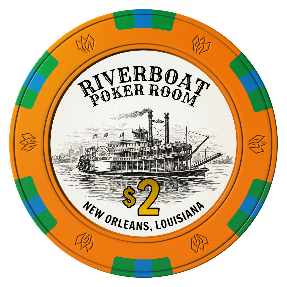 Riverboat Poker Room Clay Poker Chips - Orange / 6 Spot Gem / 40mm - Front