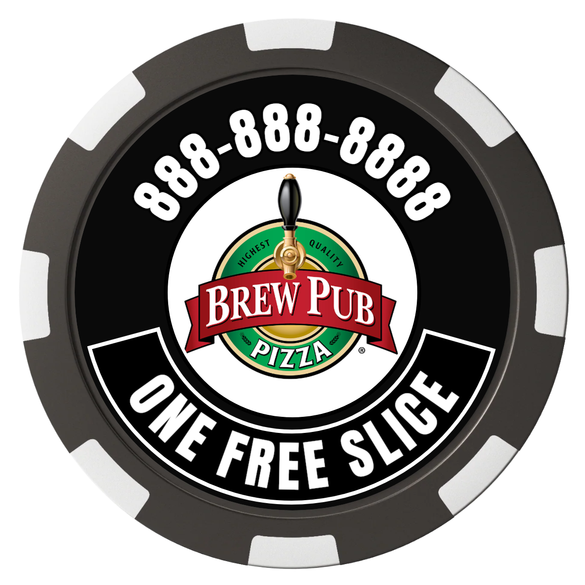 Brew Pub or Pizzeria with Logo Magnetic Composite Poker Chips - Black / 8 Spot - Front