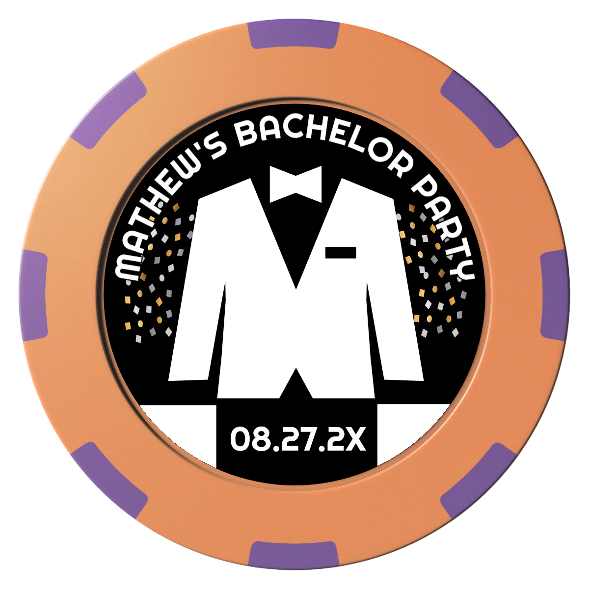 Bachelor No More Bowtie Clay Poker Chips - Orange / 8 Spot (2 Tone) / 40mm - Front
