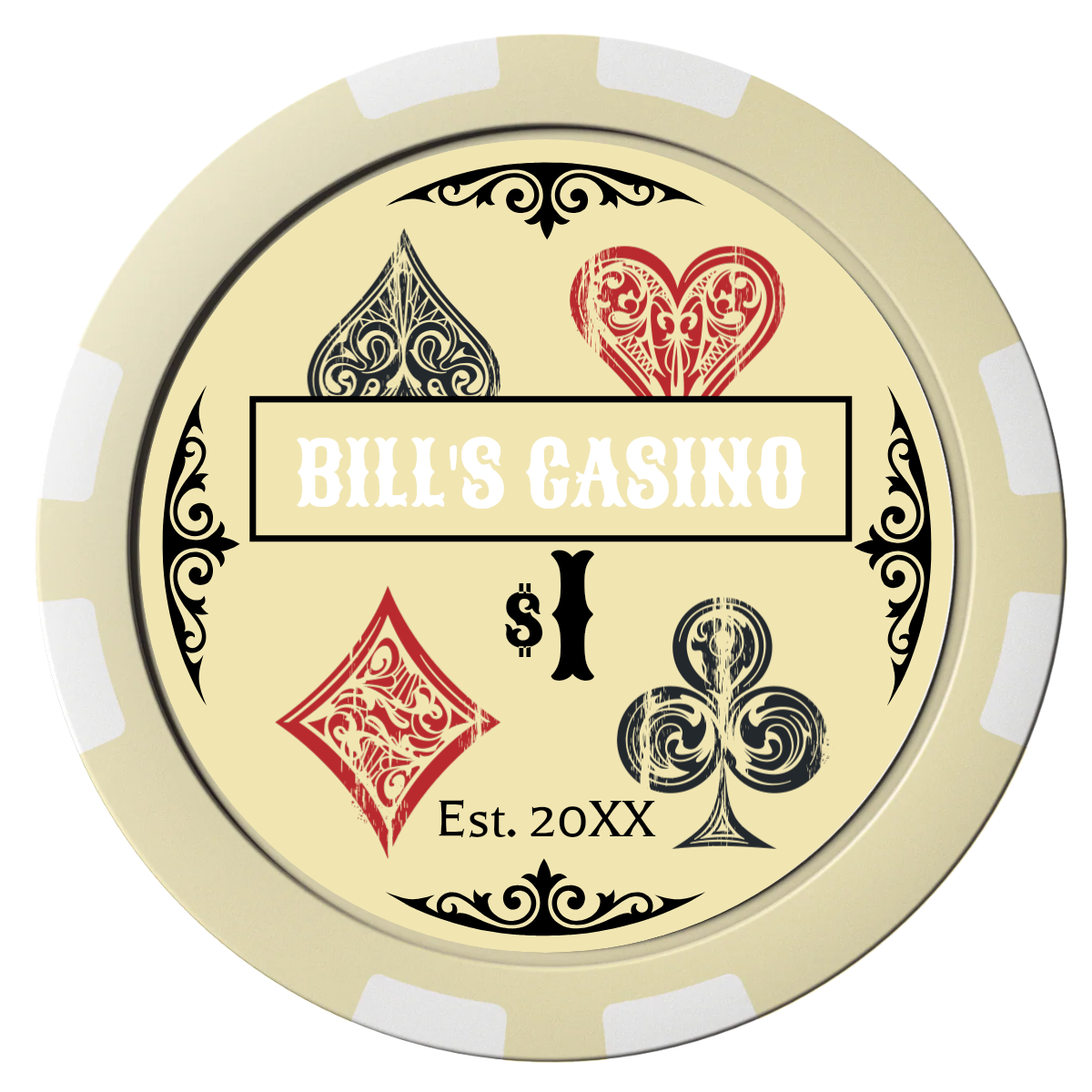 Vintage Four Suits Composite Poker Chips - Ivory / 8 Stripe - Front