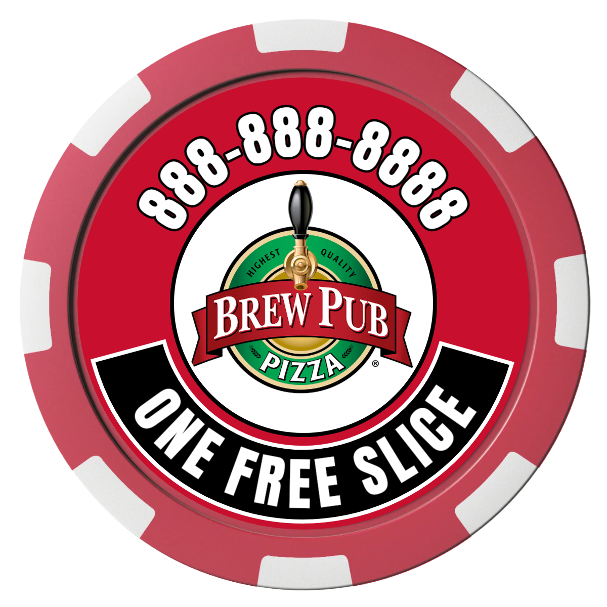 Brew Pub or Pizzeria with Logo Magnetic Composite Poker Chips - Red / 8 Spot - Front
