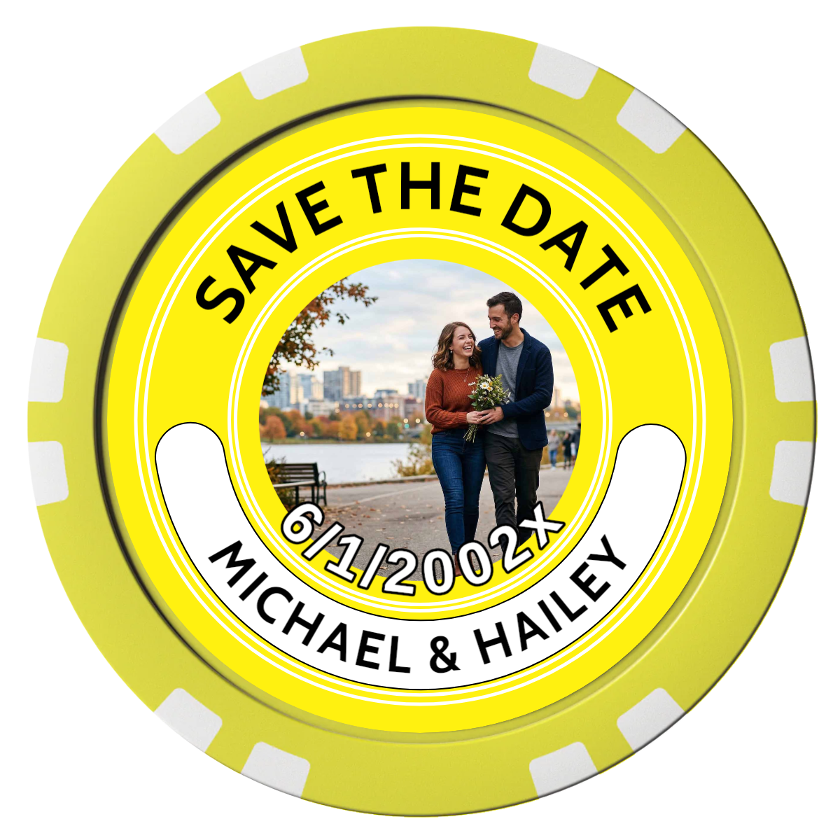 Save the Date Photo QR Code Composite Poker Chips - Yellow / Double Stripe - Front