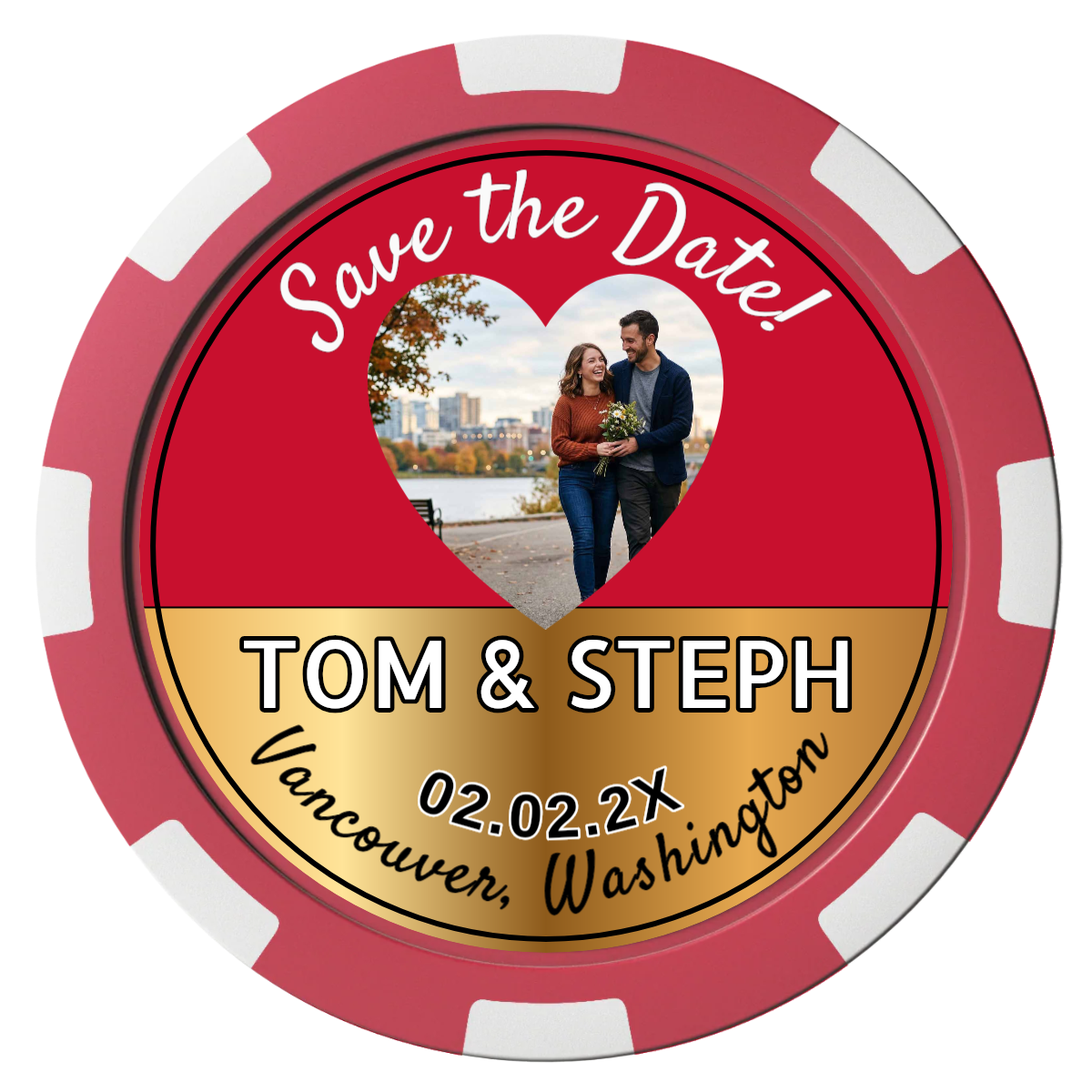 Save the Date Hearts Magnetic Composite Poker Chips - Red / 8 Spot - Back