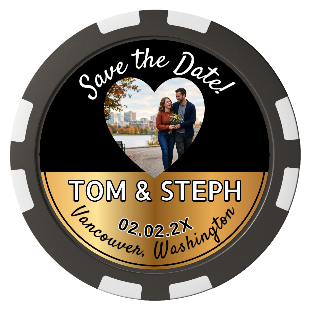 Save the Date Hearts Composite Poker Chips - Black / 8 Stripe - Back