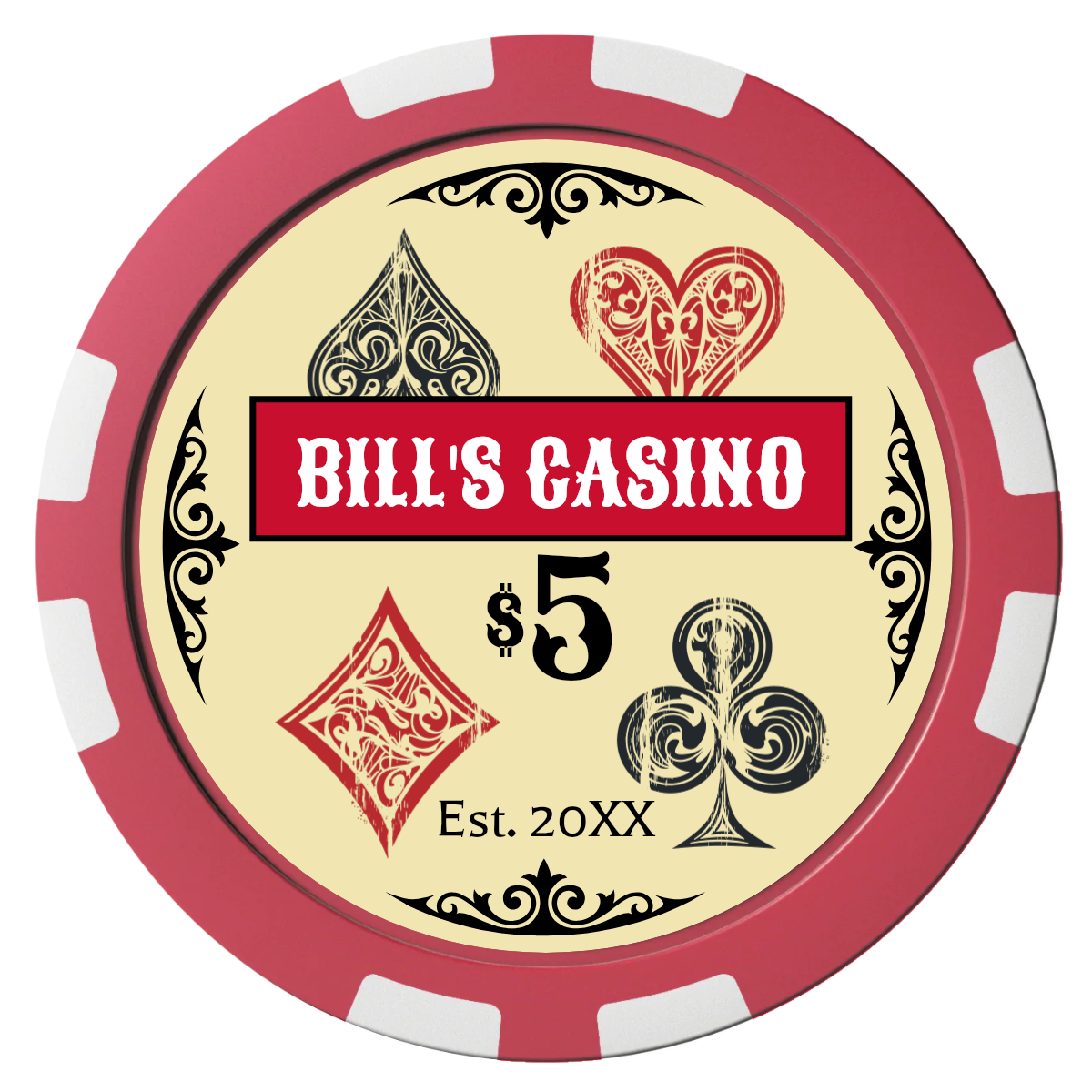 Vintage Four Suits Composite Poker Chips - Red / 8 Stripe - Front