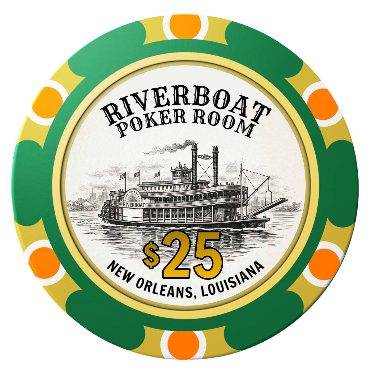 Riverboat Poker Room Clay Poker Chips - Green / Monte Carlo / 40mm - Front