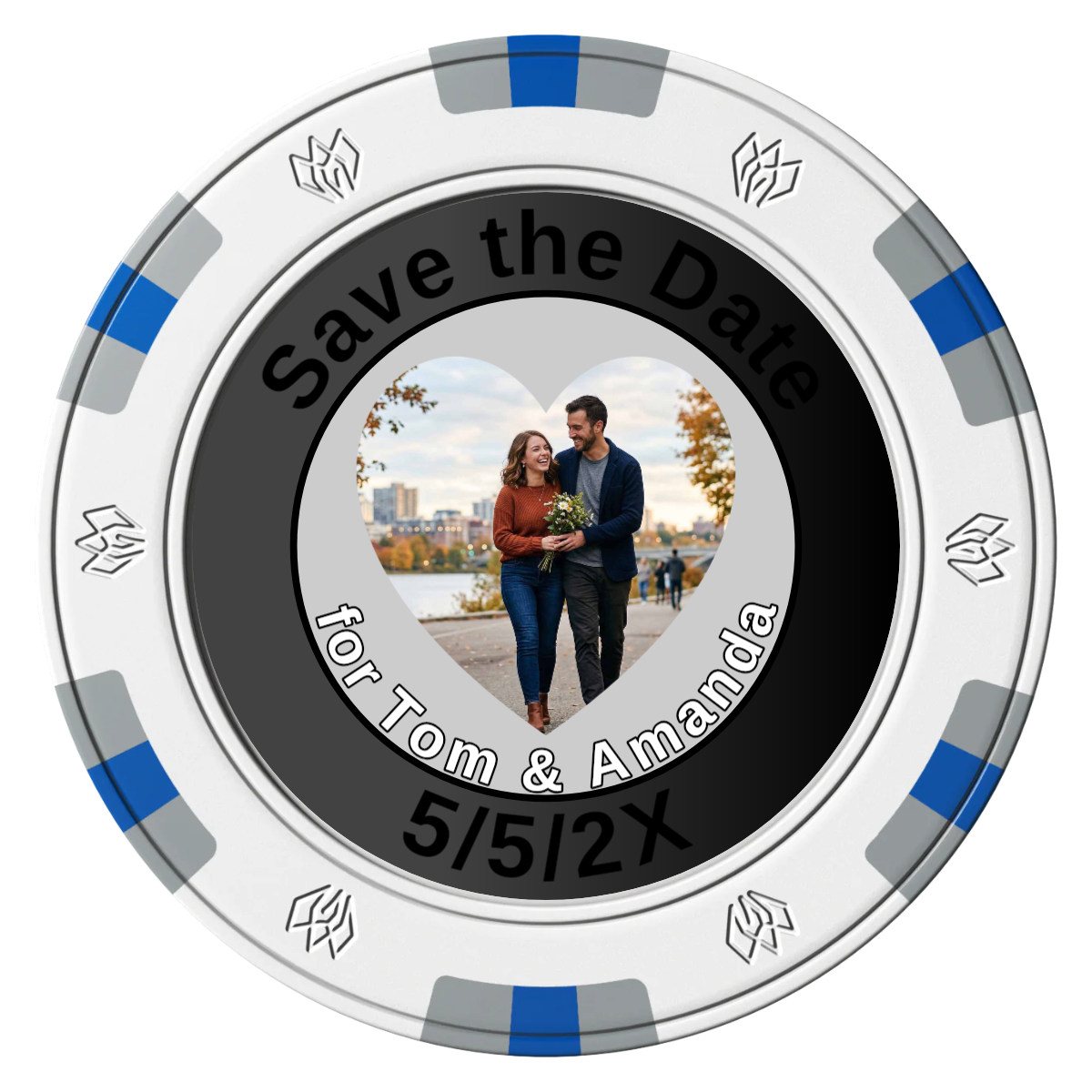 Save the Date #01 Clay Poker Chips - White / 6 Spot Gem / 43mm - Front