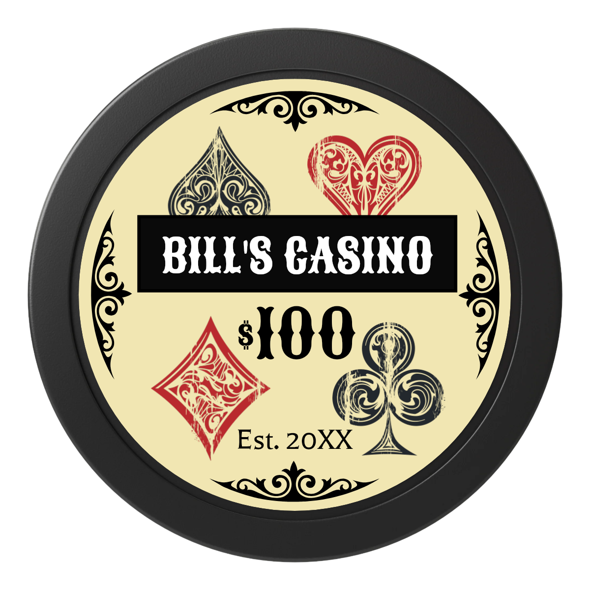 Vintage Four Suits 2" Oversized Poker Chips - Black - Front