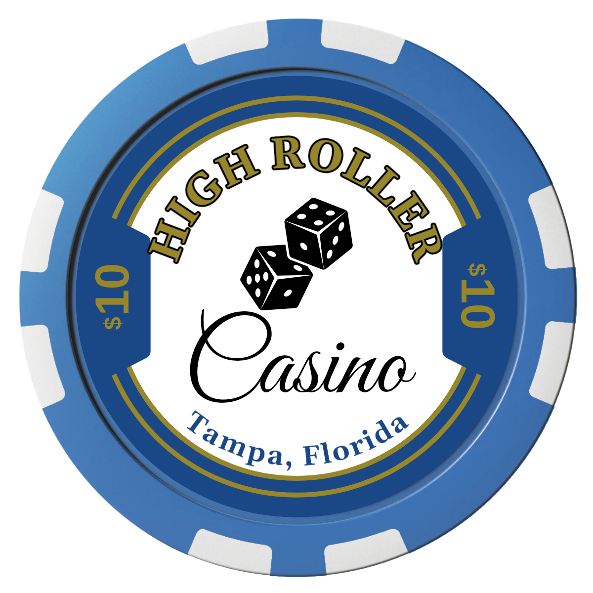 High Roller Casino Composite Poker Chips - Blue / 8 Stripe - Front