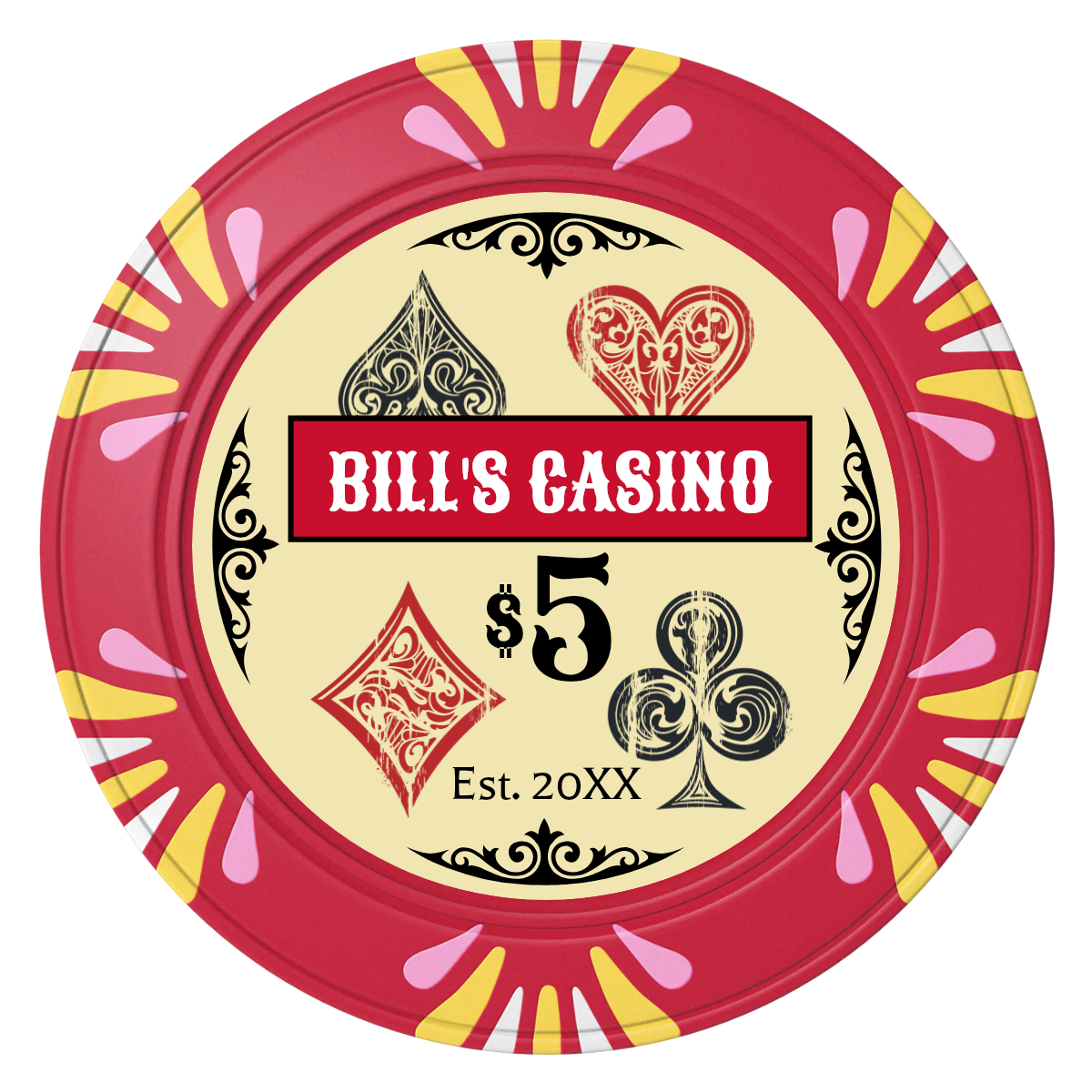 Vintage Four Suits Clay Poker Chips - Red / Macau / 40mm - Front