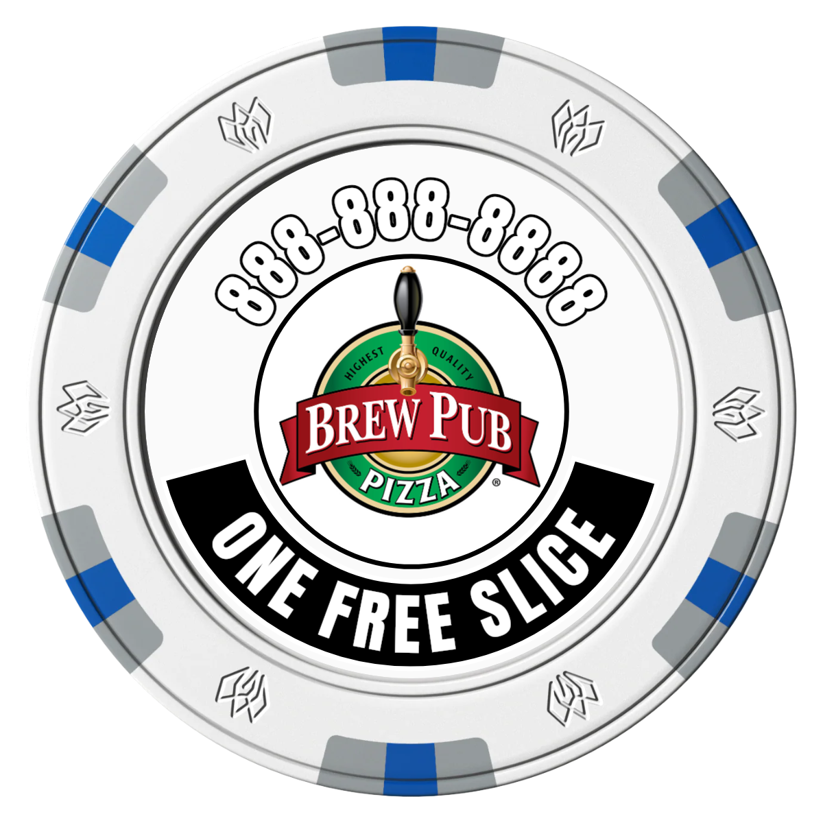 Brew Pub or Pizzeria with Logo Clay Poker Chips - White / 6 Spot Gem / 43mm - Front
