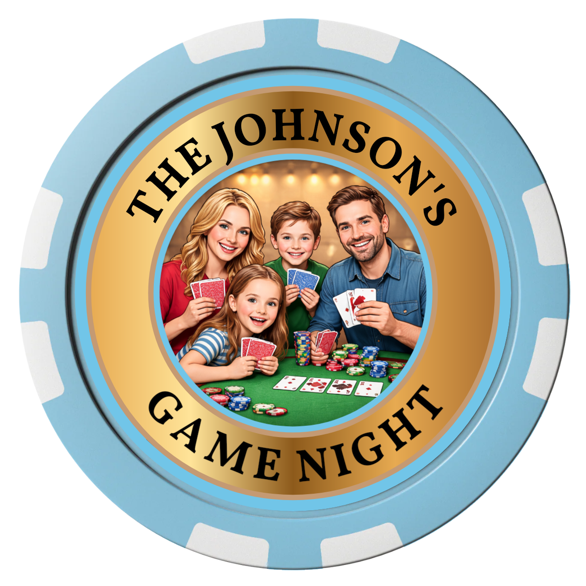 Family Game Night Composite Poker Chips - Light Blue / 8 Stripe - Front