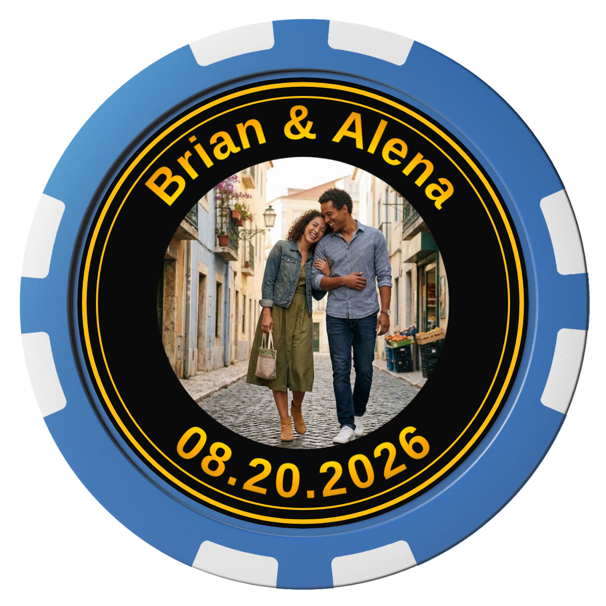 Save the Date Text Composite Poker Chips - Blue / 8 Stripe - Back