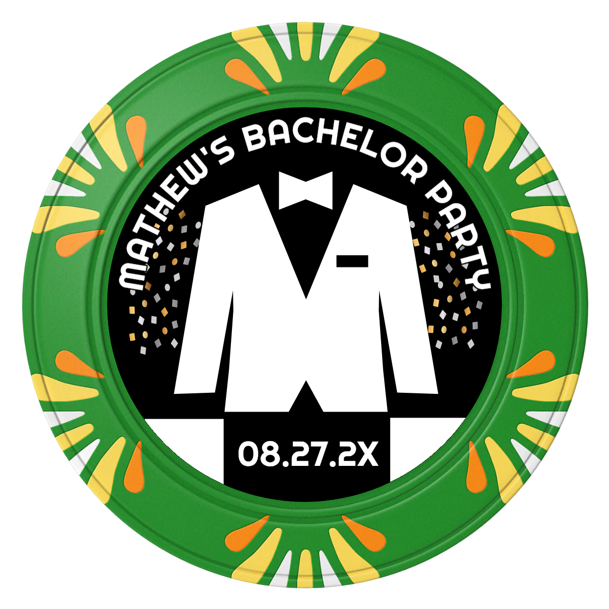 Bachelor No More Bowtie Clay Poker Chips - Green / Macau / 40mm - Front