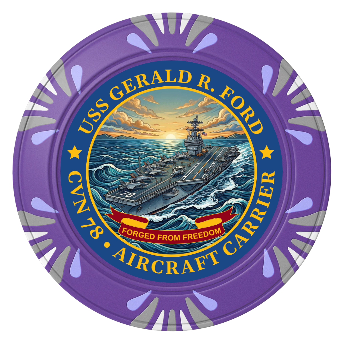 Navy USS Gerald Ford Clay Poker Chips - Purple / Macau / 40mm - Front