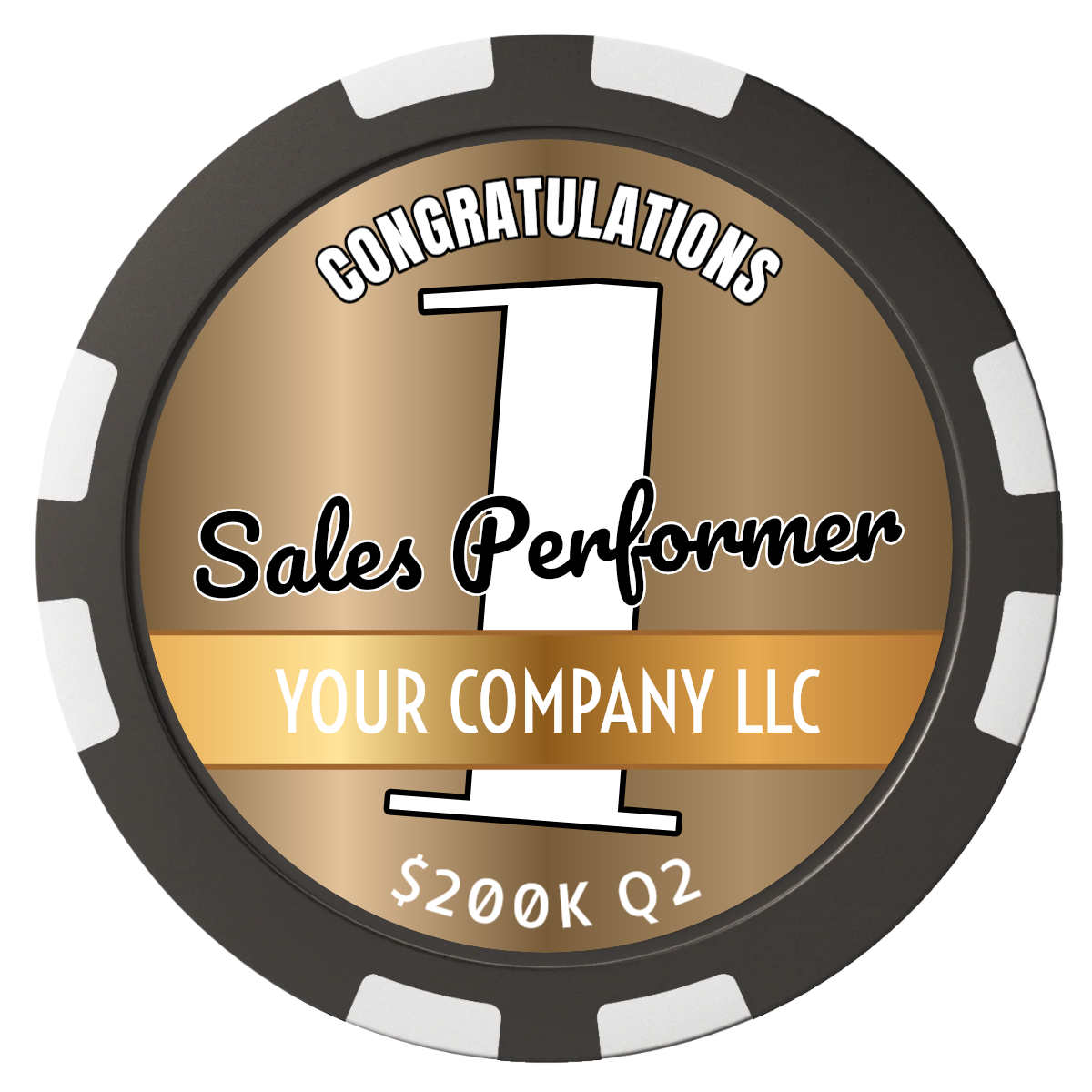 Top Sales Performer Composite Poker Chips - Black / 8 Stripe - Front