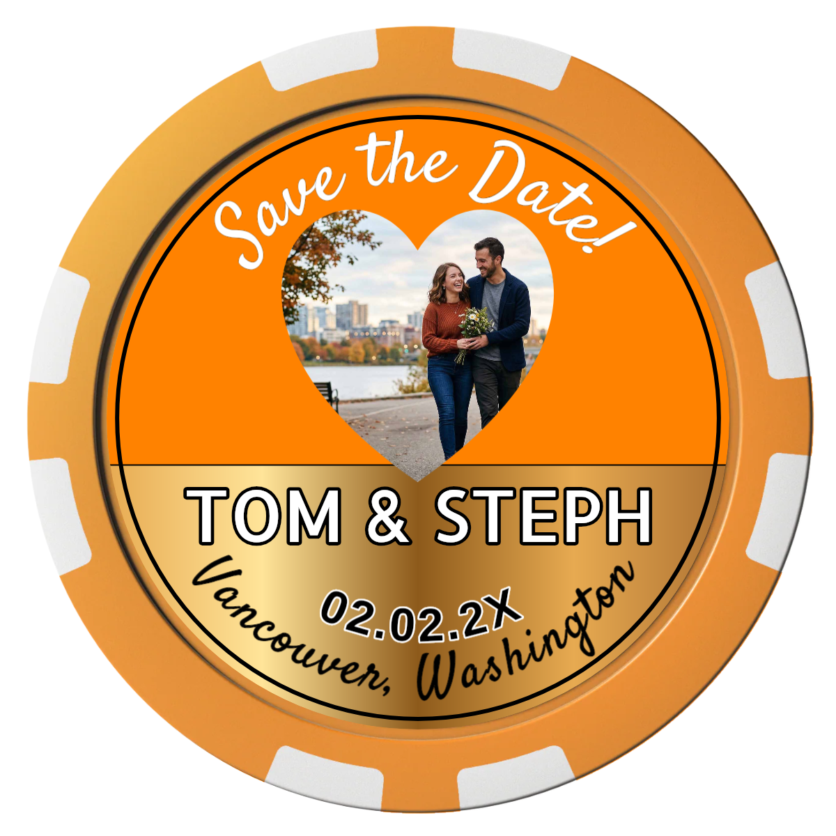 Save the Date Hearts Composite Poker Chips - Orange / 8 Stripe - Front