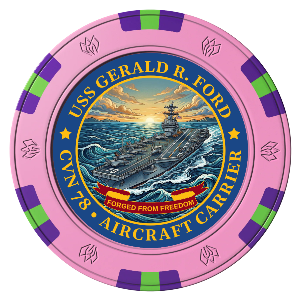 Navy USS Gerald Ford Clay Poker Chips - Pink / 6 Spot Gem / 43mm - Front