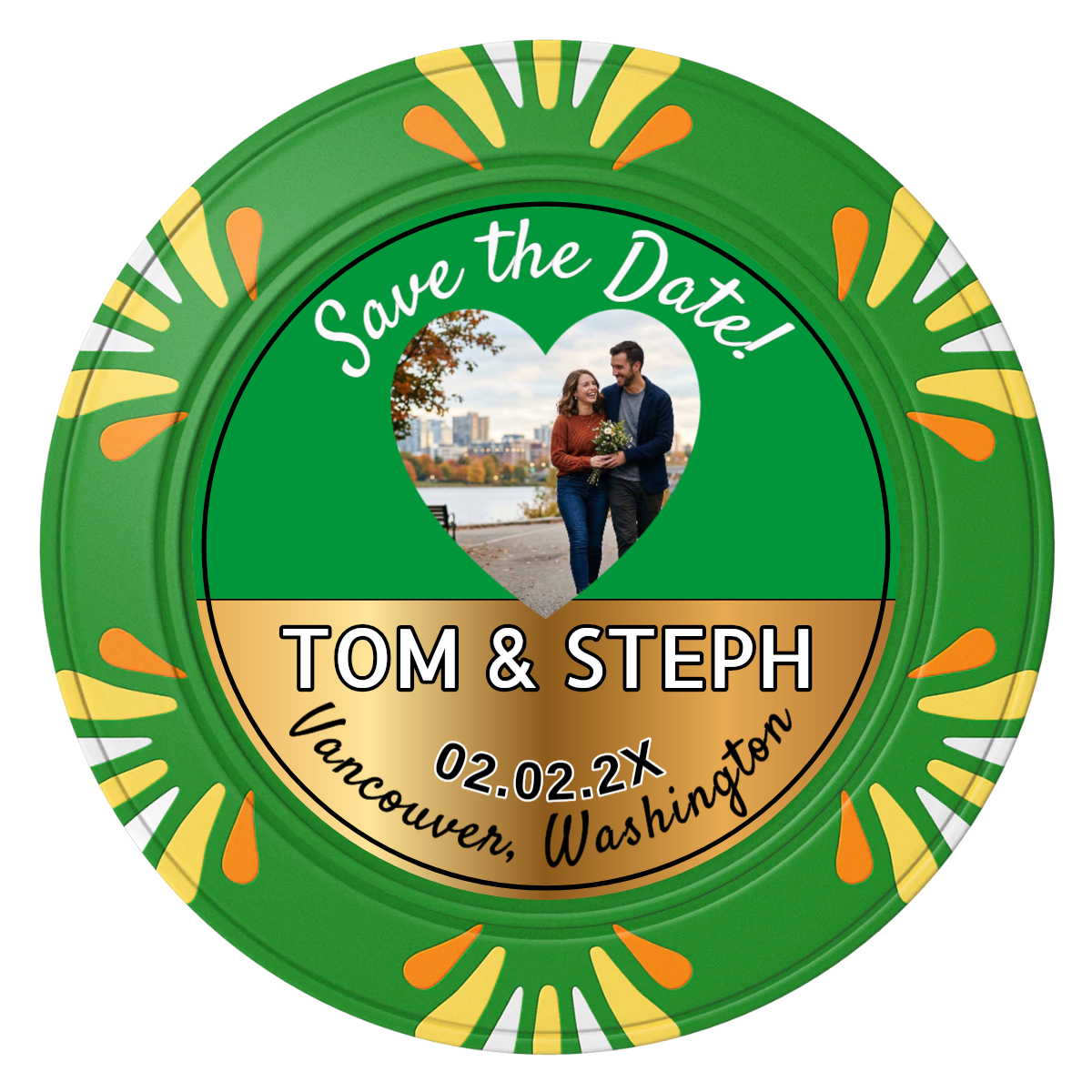 Save the Date Hearts Clay Poker Chips - Green / Macau / 40mm - Front