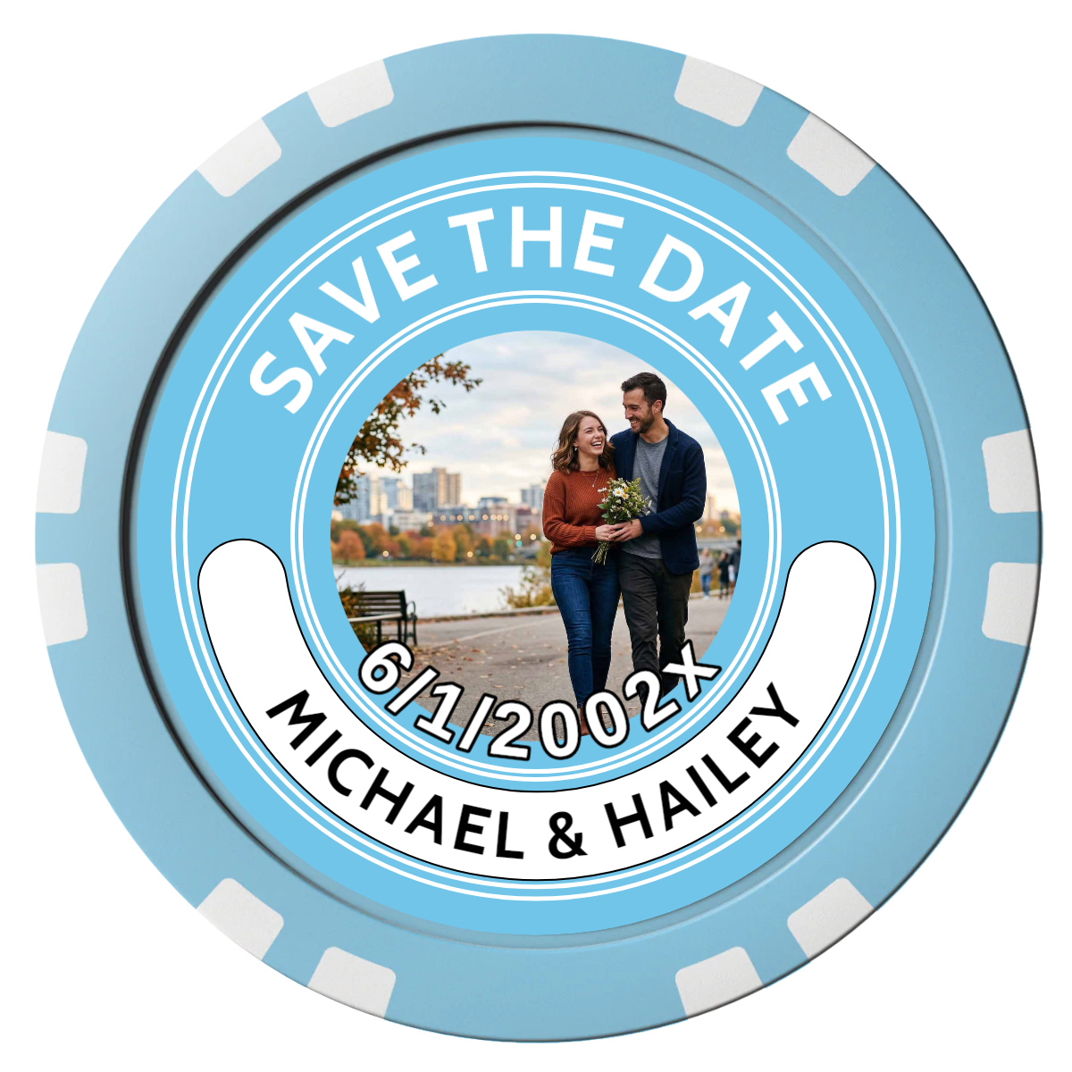 Save the Date Photo QR Code Composite Poker Chips - Light Blue / Double Stripe - Front