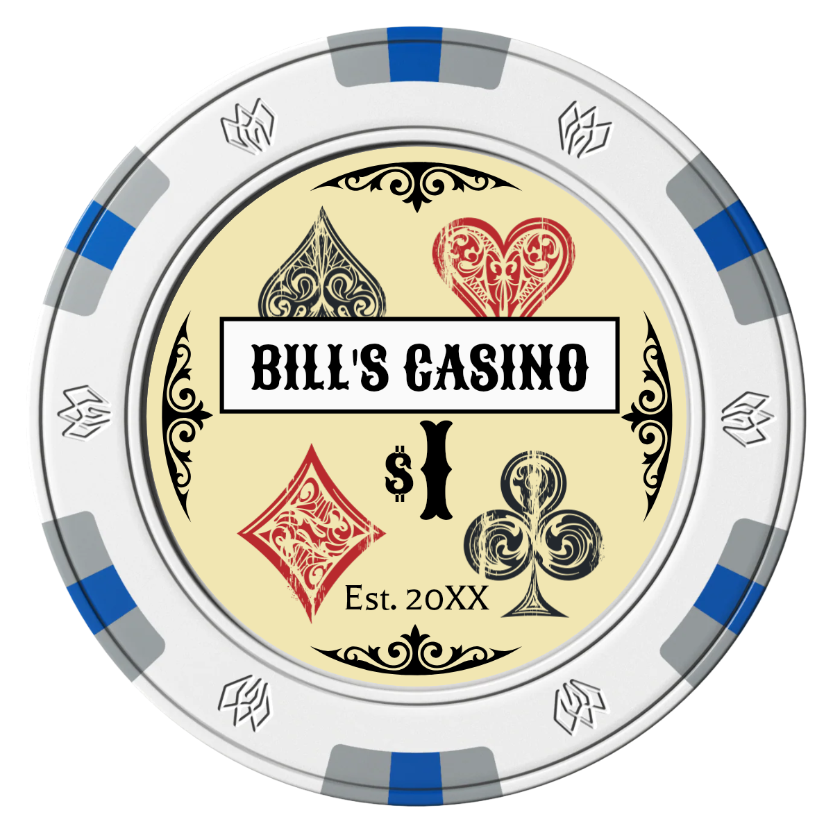 Vintage Four Suits Clay Poker Chips - White / 6 Spot Gem / 40mm - Front