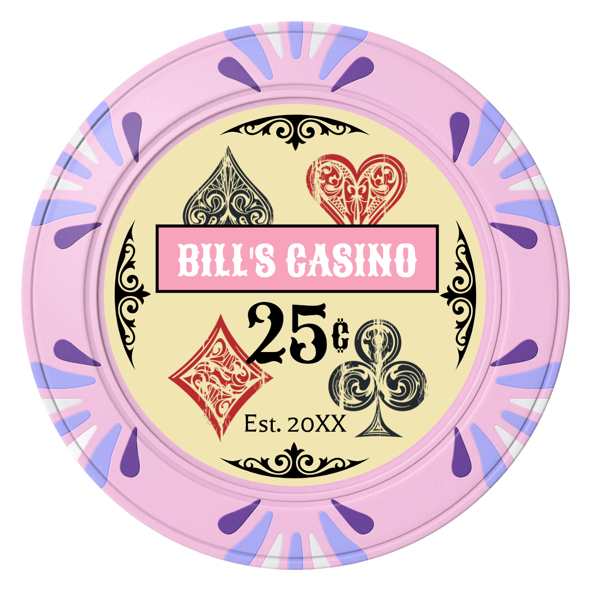 Vintage Four Suits Clay Poker Chips - Pink / Macau / 40mm - Front