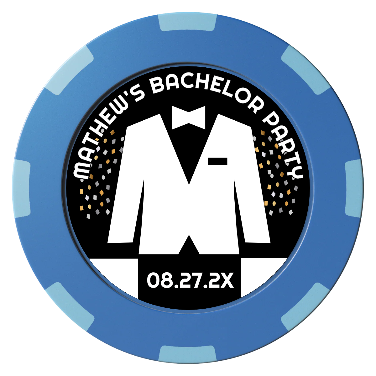 Bachelor No More Bowtie Clay Poker Chips - Blue / 8 Spot (2 Tone) / 40mm - Front