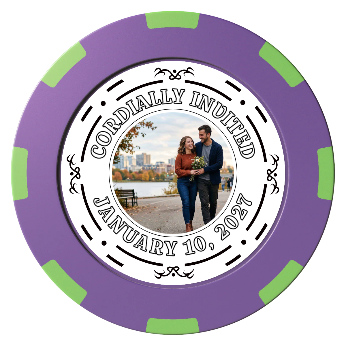 Save the Date Element Clay Poker Chips - Purple / 8 Spot (2 Tone) / 40mm - Front