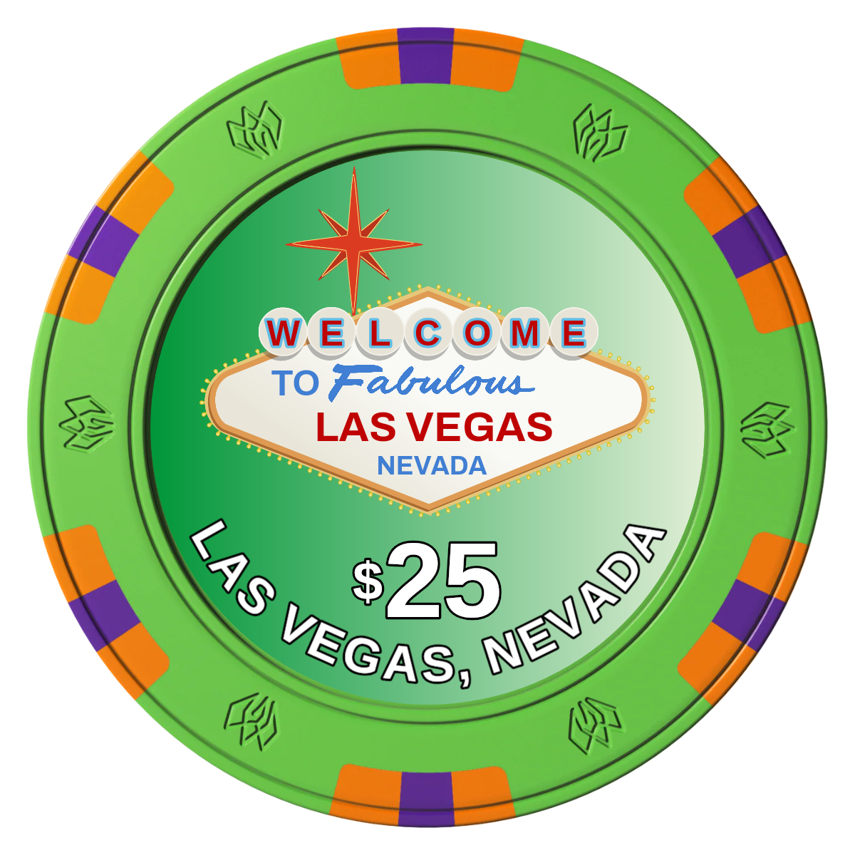 Vegas Sign Clay Poker Chips - Green / 6 Spot Gem / 43mm - Front