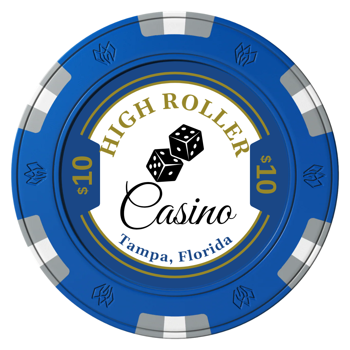 High Roller Casino Clay Poker Chips - Blue / 6 Spot Gem / 43mm - Front