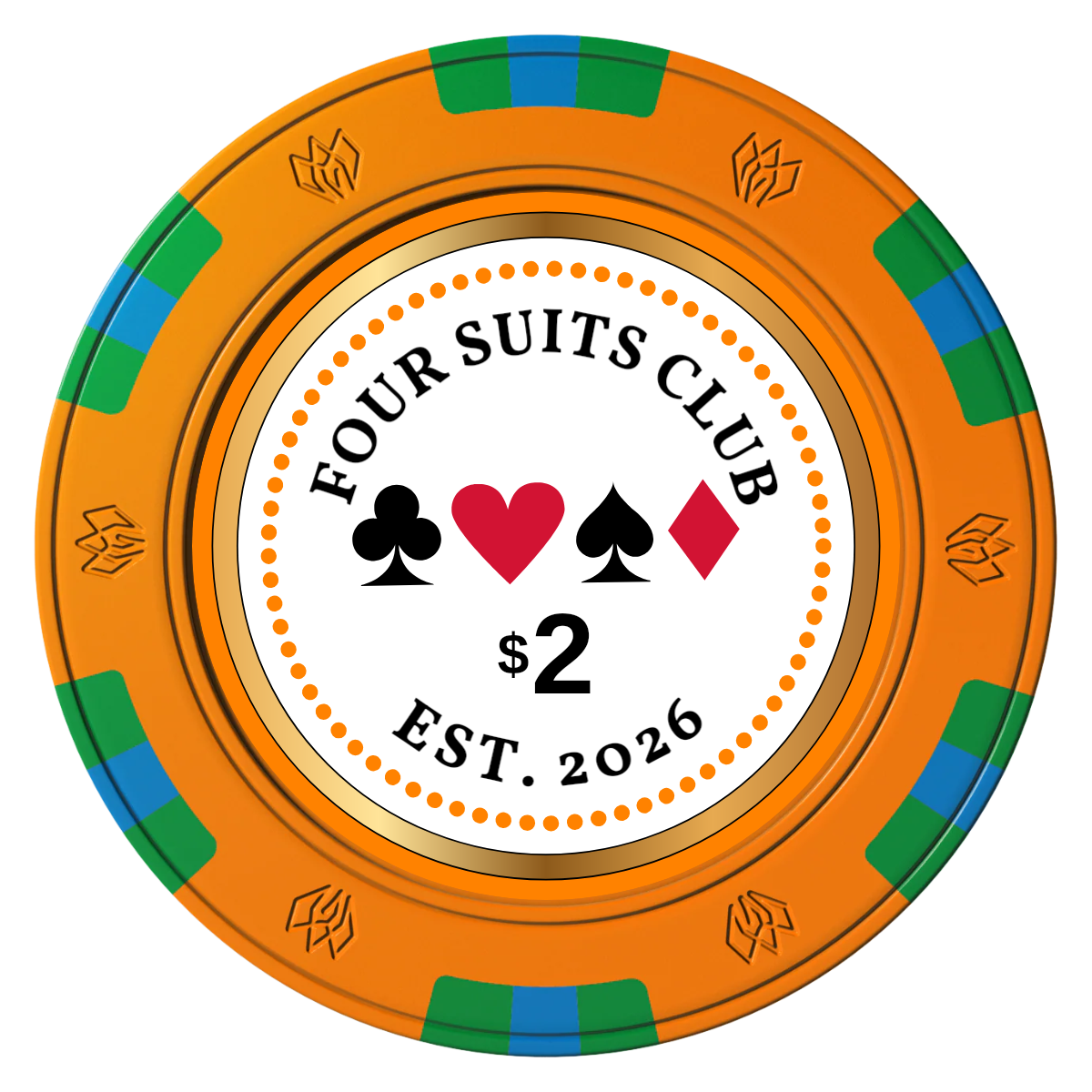 Fours Suits Club Clay Poker Chips - Orange / 6 Spot Gem / 43mm - Front