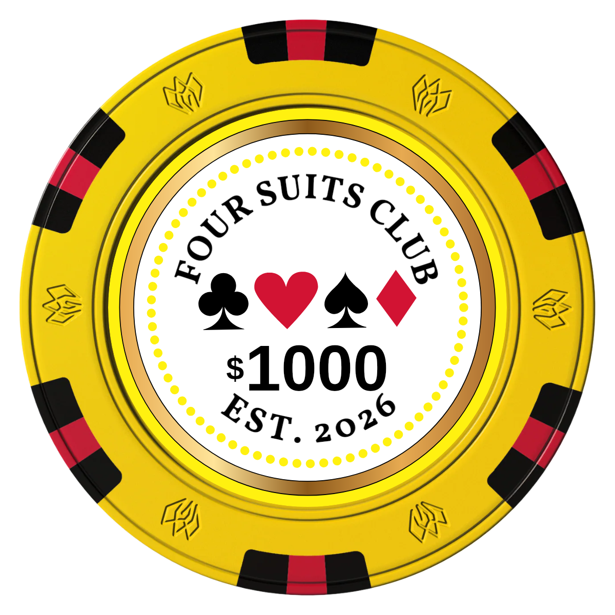 Fours Suits Club Clay Poker Chips - Yellow / 6 Spot Gem / 43mm - Front