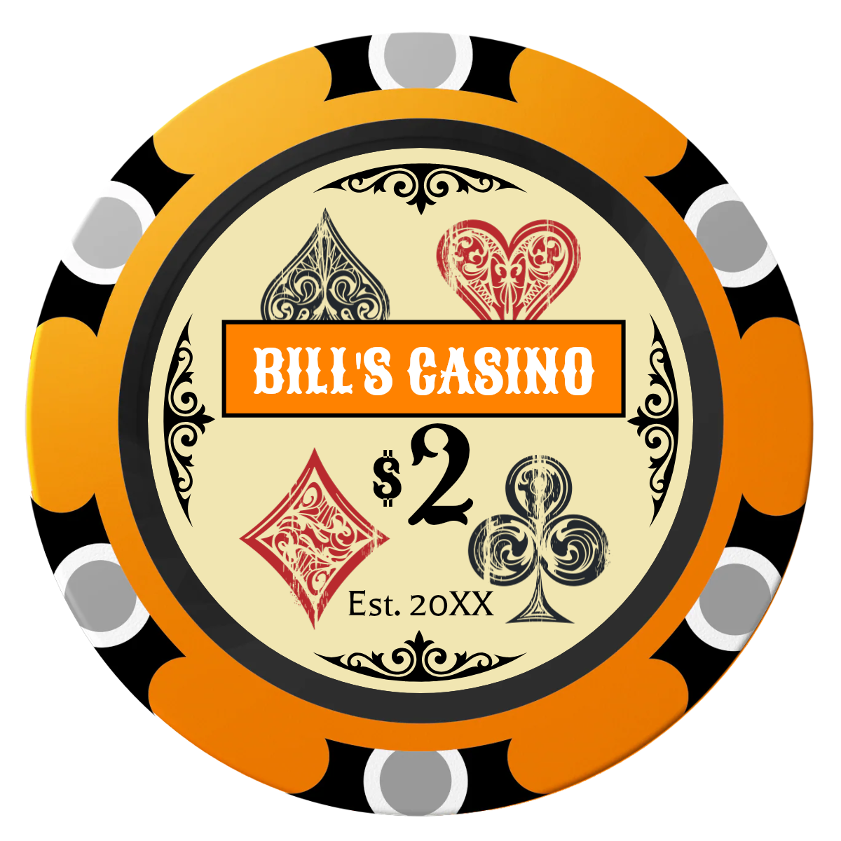 Vintage Four Suits Clay Poker Chips - Orange / Monte Carlo / 40mm - Front