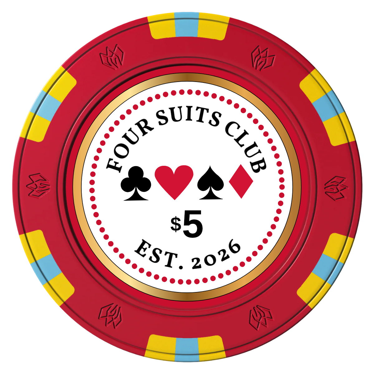 Fours Suits Club Clay Poker Chips - Red / 6 Spot Gem / 40mm - Front