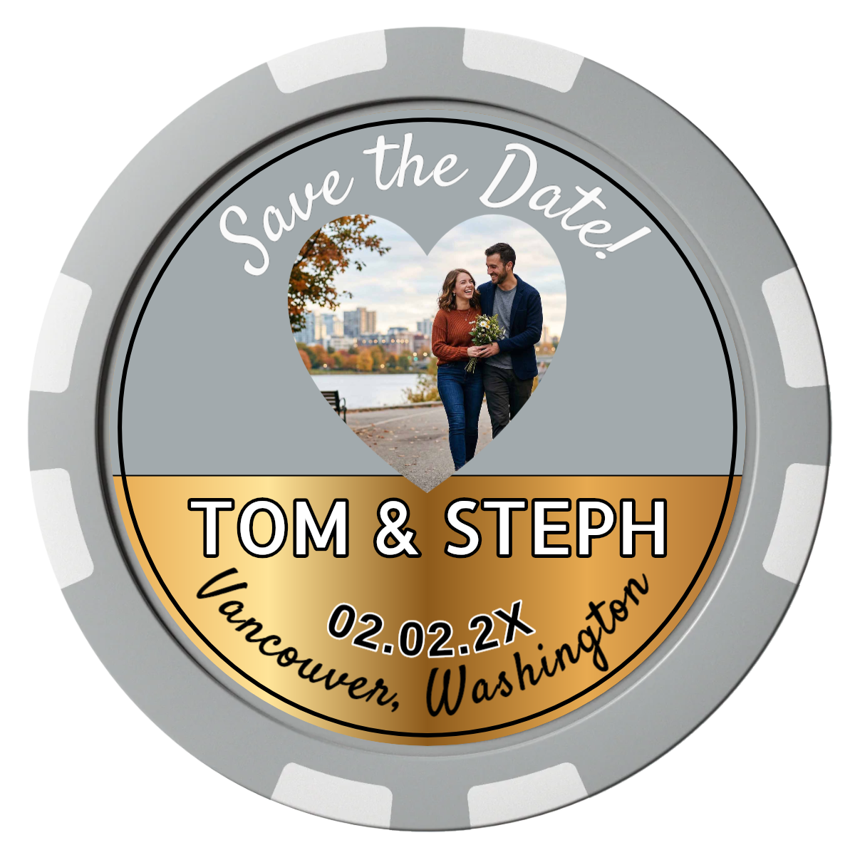 Save the Date Hearts Composite Poker Chips - Gray / 8 Stripe - Front