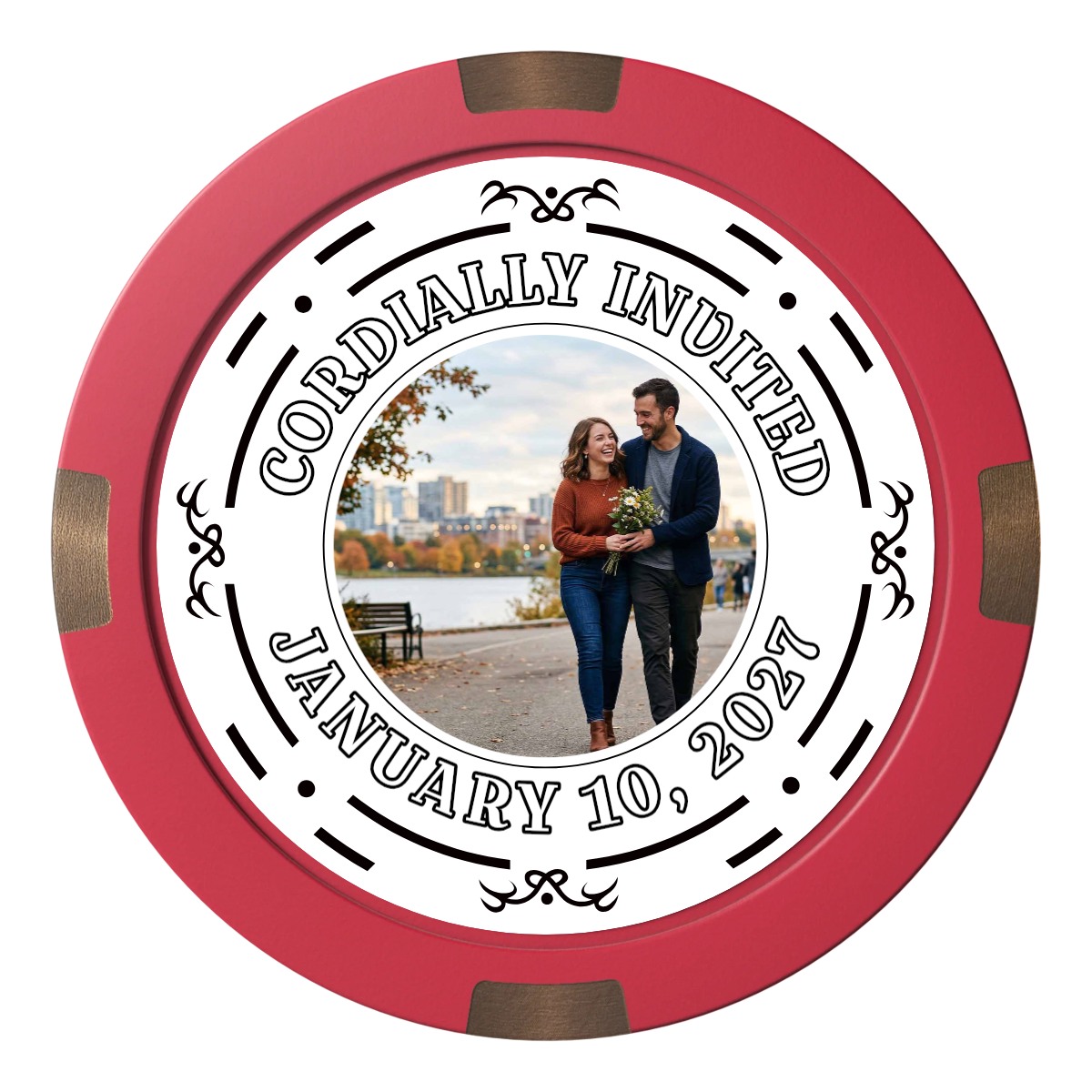 Save the Date Element Composite & Metal Hybrid Poker Chips - Red - Front