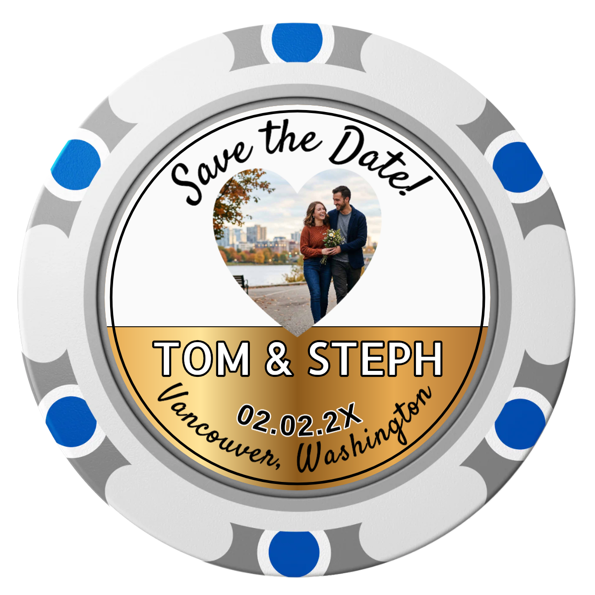 Save the Date Hearts Clay Poker Chips - White / Monte Carlo / 40mm - Front