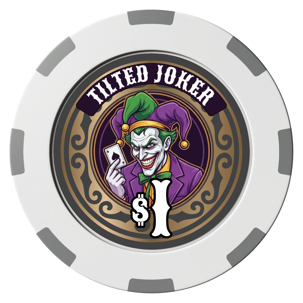 Tilted Joker Clay Poker Chips - White / 8 Spot (2 Tone) / 40mm - Front