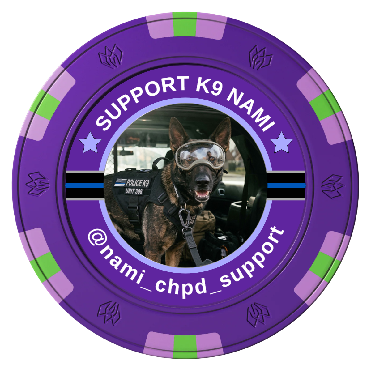 Police Department K9 #02 Clay Poker Chips - Purple / 6 Spot Gem / 43mm - Front