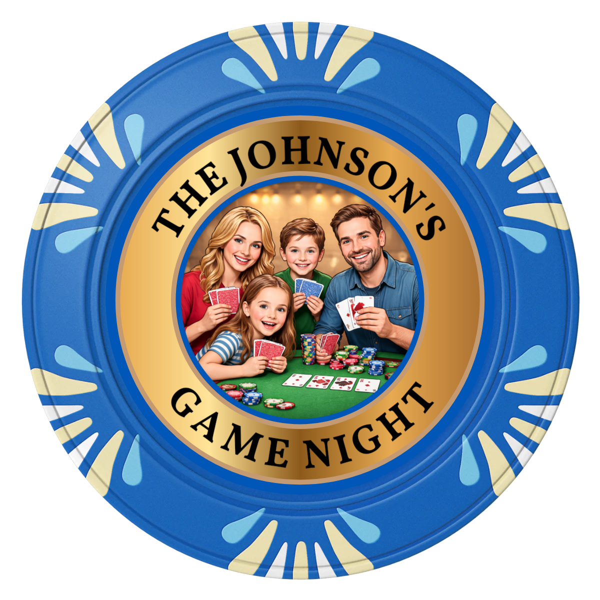 Family Game Night Clay Poker Chips - Blue / Macau / 40mm - Front