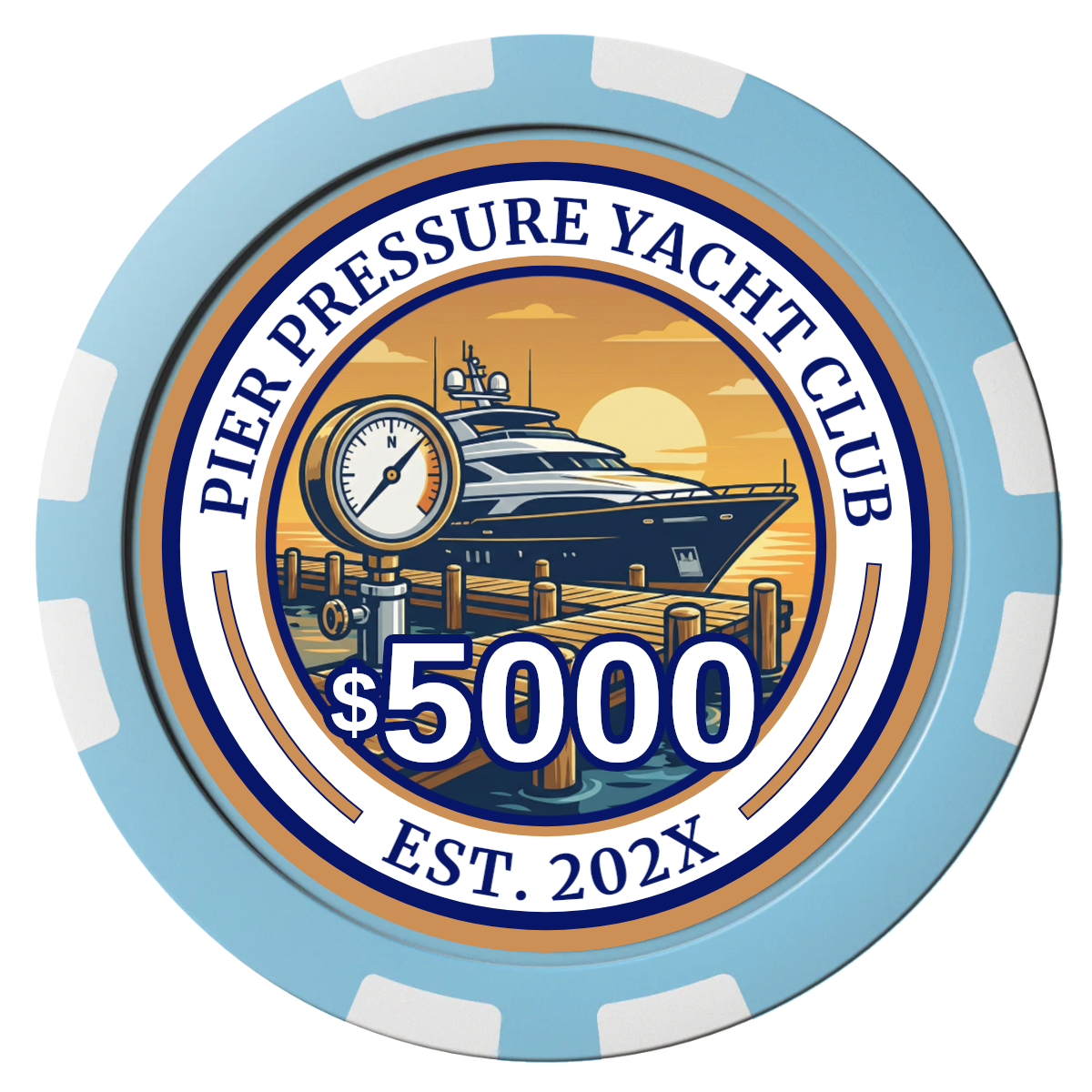 Anchor Down Card Room Composite Poker Chips - Light Blue / 8 Stripe - Front