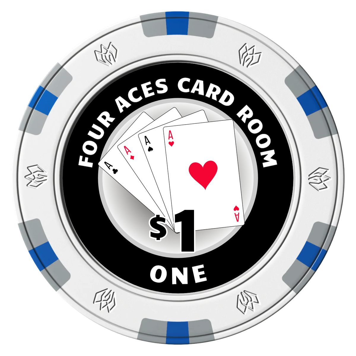 4 Aces Poker Room Clay Poker Chips - White / 6 Spot Gem / 40mm - Front