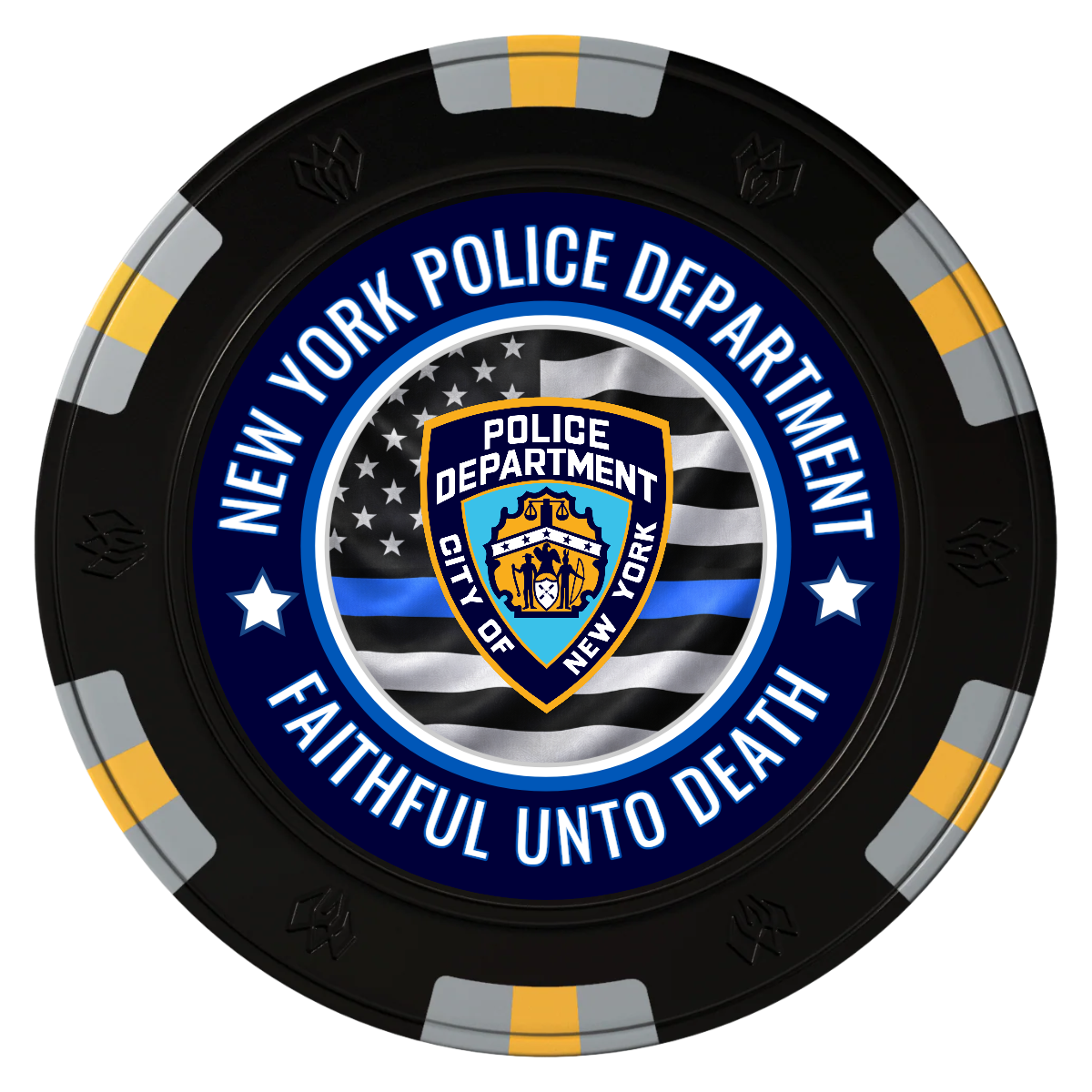 NYPD Safe and Fair Clay Poker Chips - Black / 6 Spot Gem / 43mm - Front