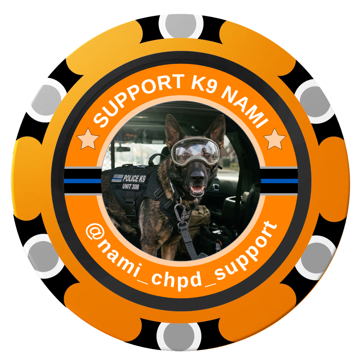 Police Department K9 #02 Clay Poker Chips - Orange / Monte Carlo / 40mm - Front