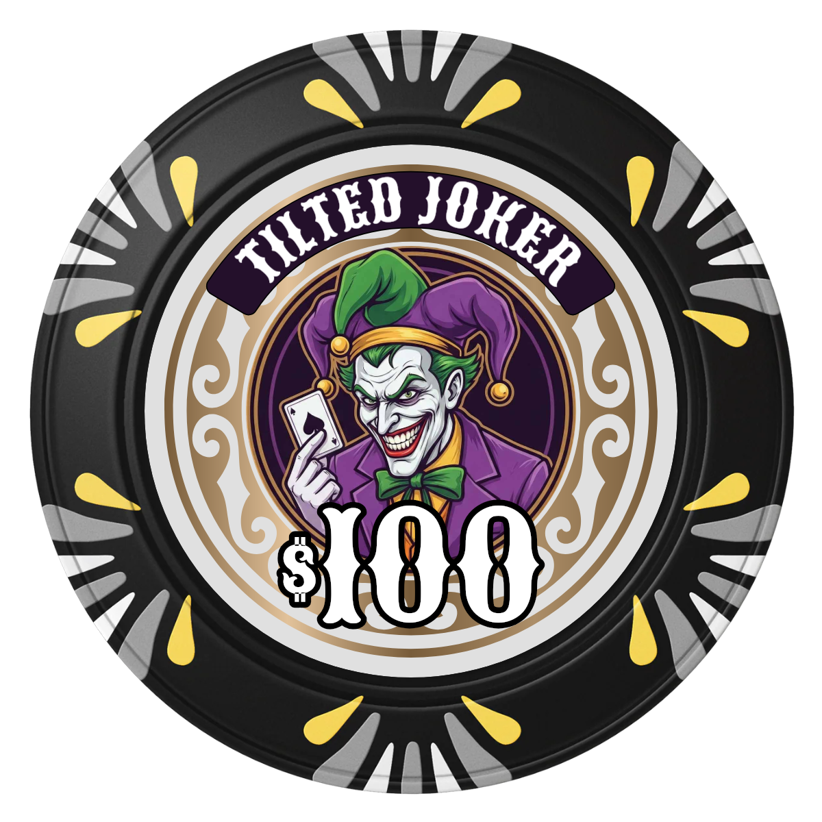 Tilted Joker Clay Poker Chips - Black / Macau / 40mm - Front