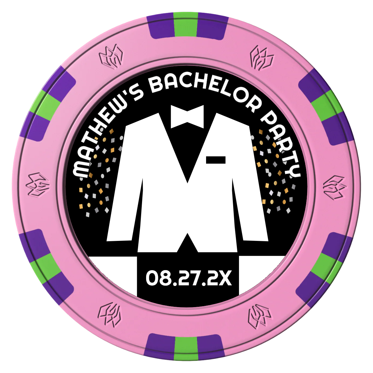 Bachelor No More Bowtie Clay Poker Chips - Pink / 6 Spot Gem / 40mm - Front