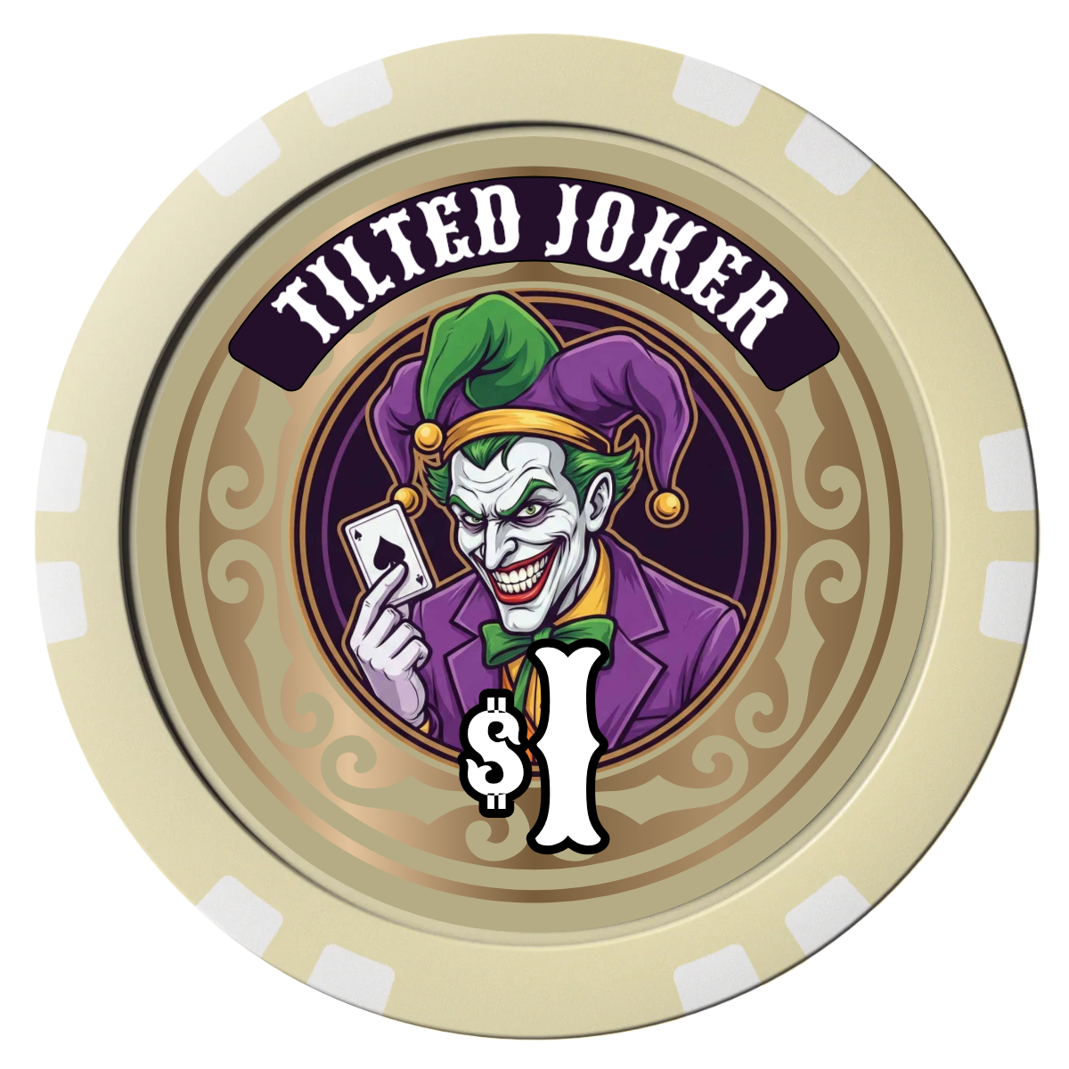 Tilted Joker Composite Poker Chips - Ivory / Double Stripe - Front