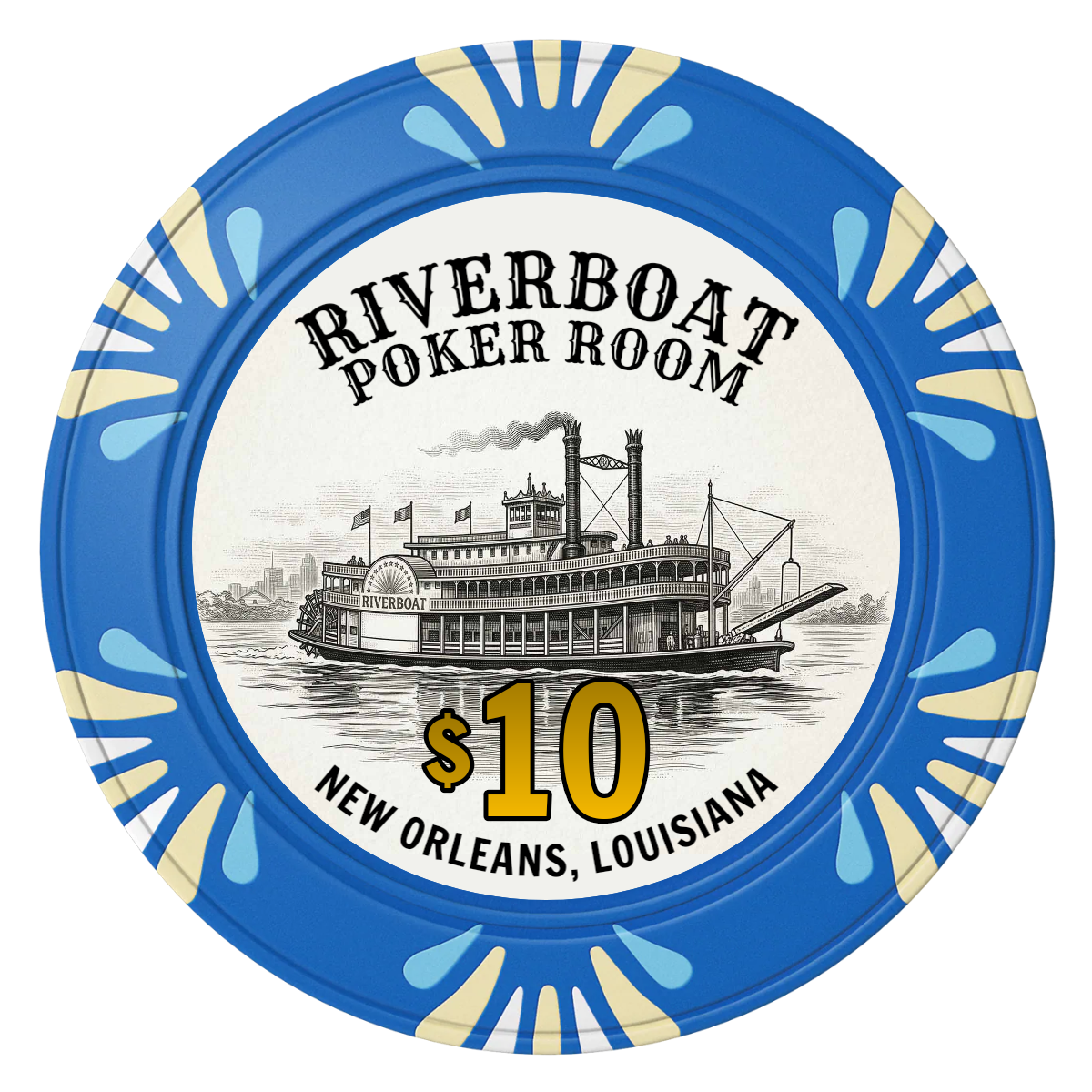 Riverboat Poker Room Clay Poker Chips - Blue / Macau / 40mm - Front