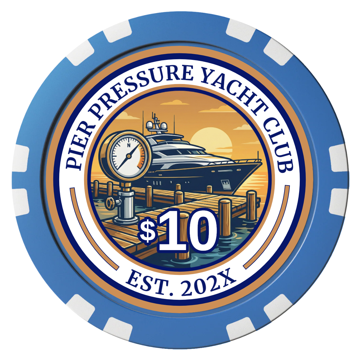 Anchor Down Card Room Composite Poker Chips - Blue / Double Stripe - Front